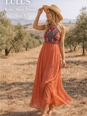 Lulus Embroidered Halter Maxi Dress Coral Boho Festival Small